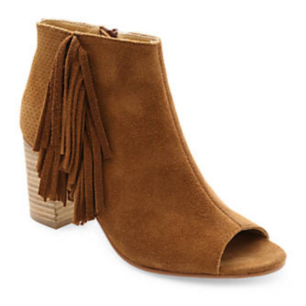 Cognac Peep Toe Suede Shoes, Stylish Fringe detail - Picture 1 of 5